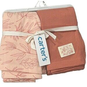 CARTER'S Thermal Baby Blanket Set Pink Leaf Flowers Soft Cotton 2 Piece New